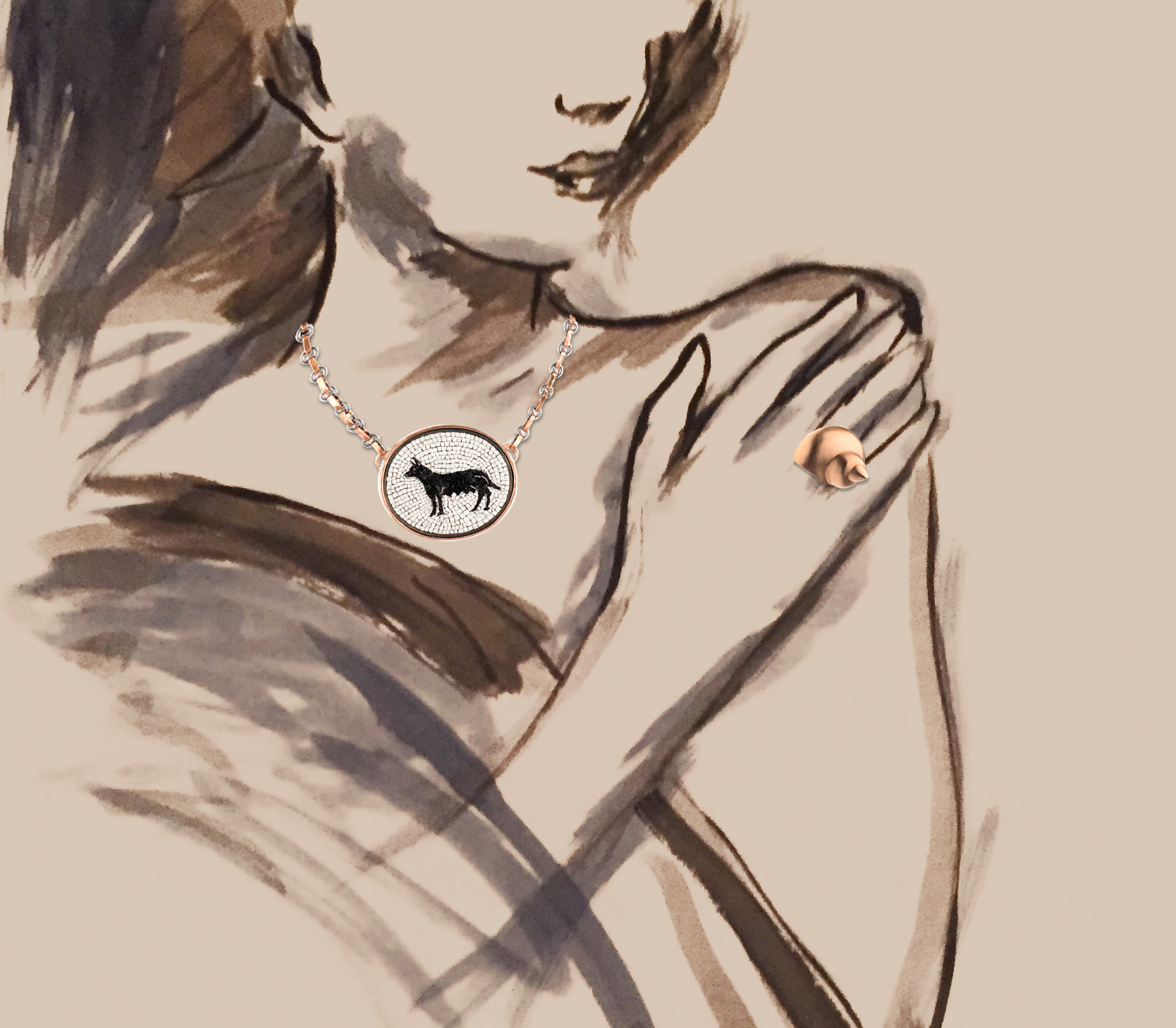 16- Paolo Canevari Lupa Romana necklace; Rebecca Horn Shell (NeptuneaAngulata) ring